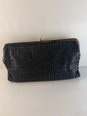 HOBO International "Lauren" Double Frame Clutch Wallet – Black Perforated Leathe